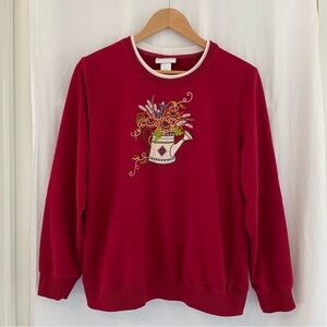 Alfred Dunner Red Crewneck with Watering Can Embroidery